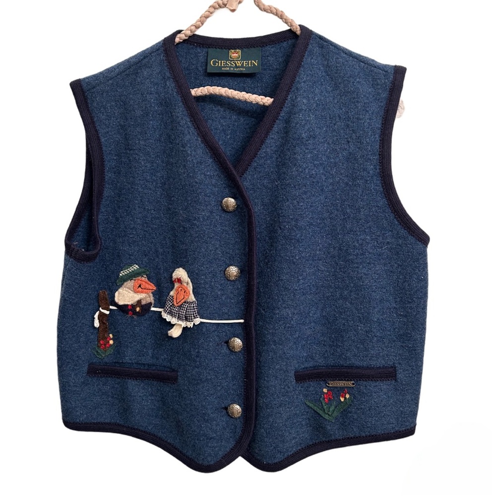 Giesswein Blue Wool Vest with Embroidered Details